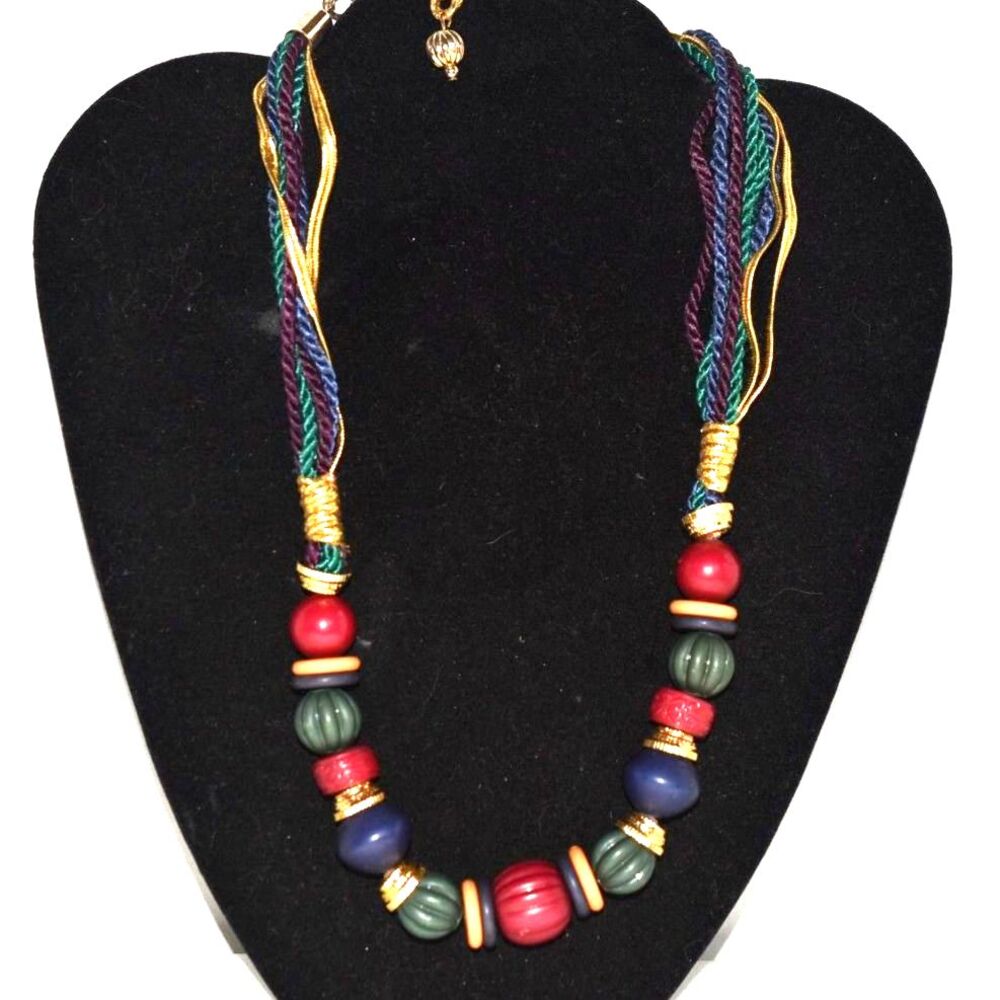 Boho Statement Chunky Multi Color Beads/Cords Gold Tone Accent 16" Necklace